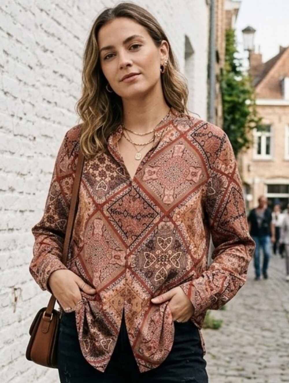 Zara Paisley Boho Retro Patchwork Geometric Maximalist Women Button Down Shirt L